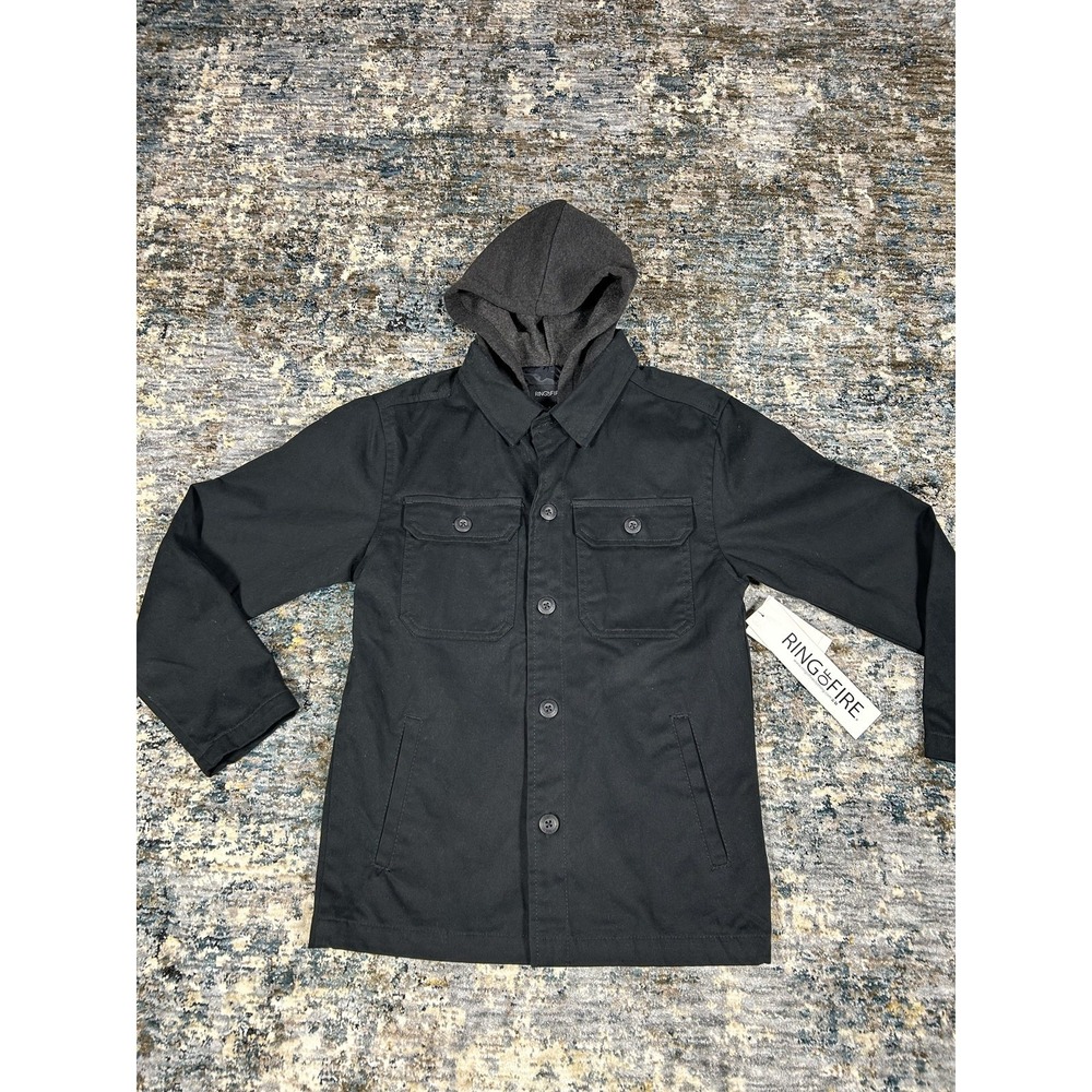 Ring of Fire Men's Black Hooded Utility Jacket. 00602